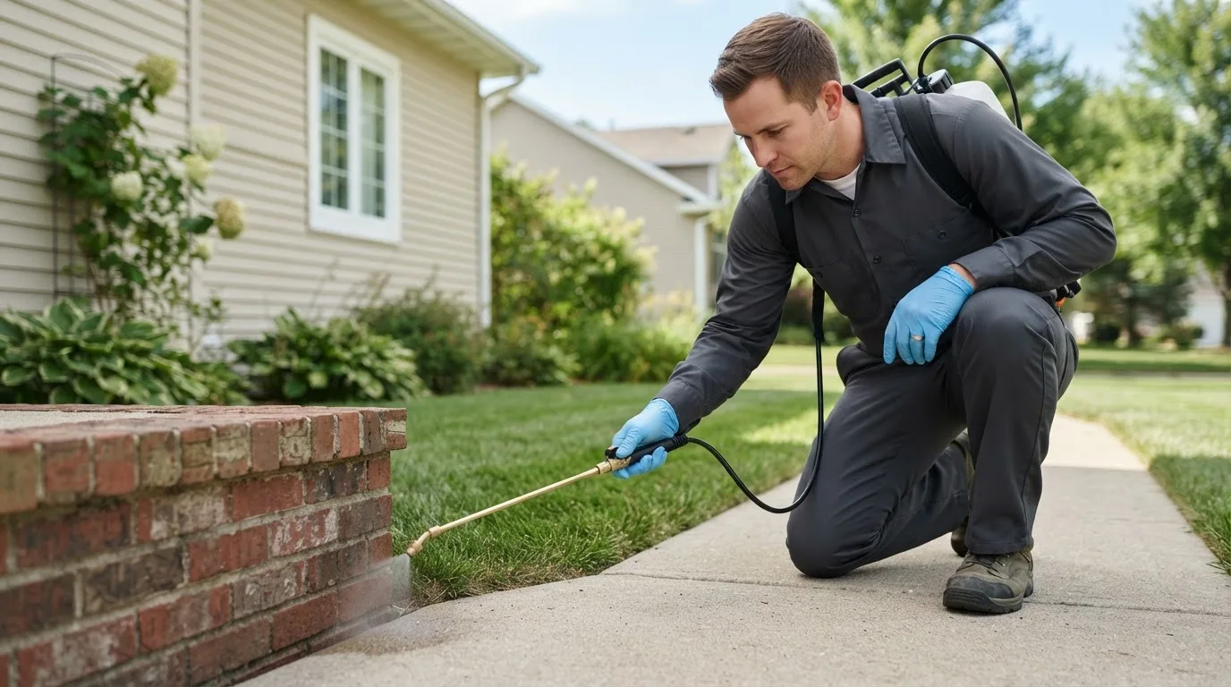 Pest control technician treating a home near Pekin, ND