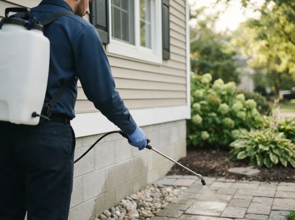 Pest control technician inspecting a home in Pekin, ND